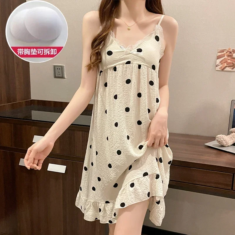 2024 Summer Cotton Print Sexy Lace Lingerie Spaghetti Strap Nightgowns for Women Korean Sleepwear Nightdress Night Dress Nighty