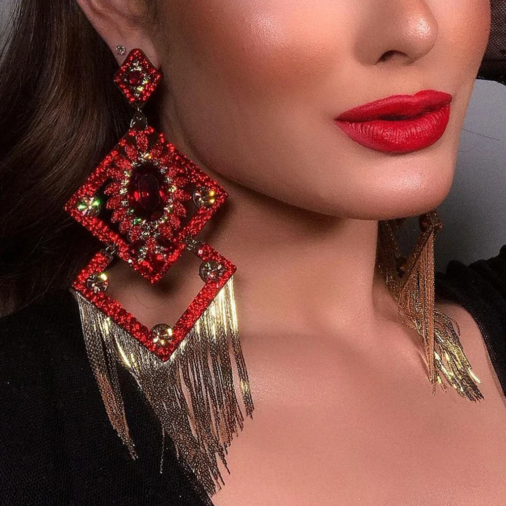 Trend Red Crystal Tassel Exaggerated Earrings Fashion for Women Elegant Jewelry Rhinestone Dangle Earrings Party Free Shipping