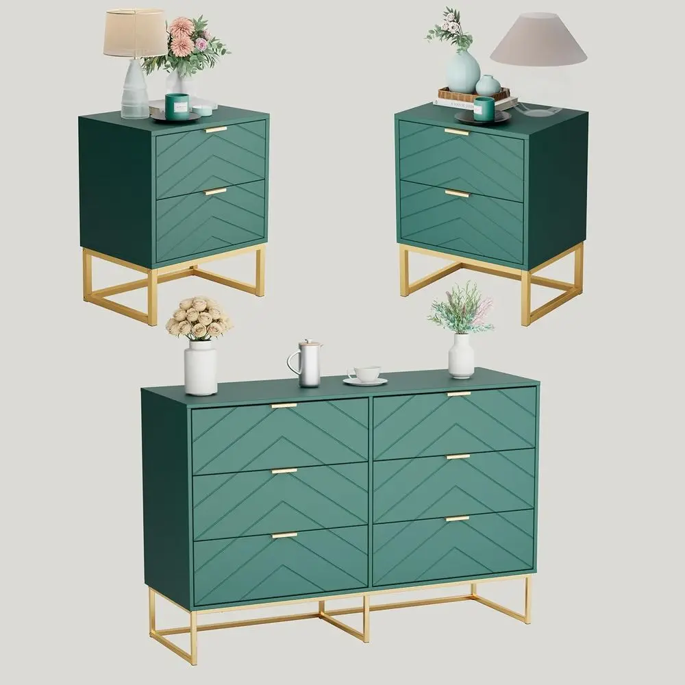 

3 Pieces Bedroom Sets, 6 Der Drer and Nightstand Sets or Bedroom, Night Stand Set o 2 & 6 Der Drer with Gold Handles, Morden Woo