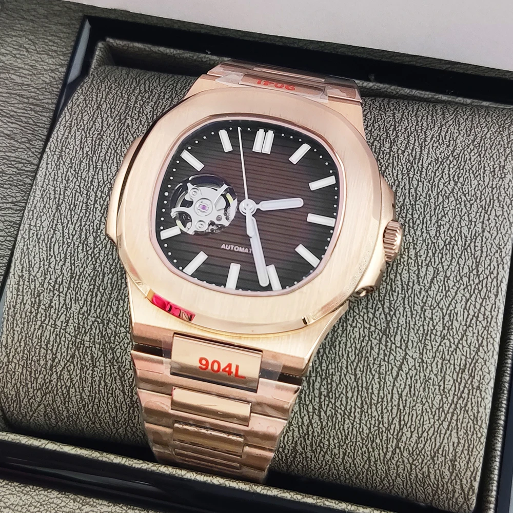 ساعة فاخرة باللون الذهبي الوردي 40 ملم مربعة NH38 حركة ميكانيكية أوتوماتيكية للرجال تاريخ كريستال الياقوت حزام من الفولاذ المقاوم للصدأ #3