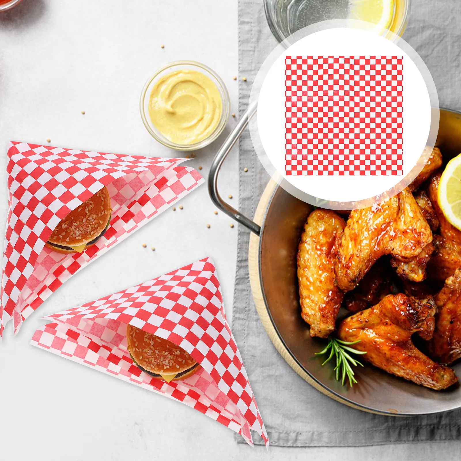 100 Piezas de Papel para Envolver Alimentos, Rojo a Cuadros, Laminado, Resistente al Aceite y a la Grasa, Desechable, para Envolver Sándwiches y Hamburguesas, 30x30cm, para Fiestas