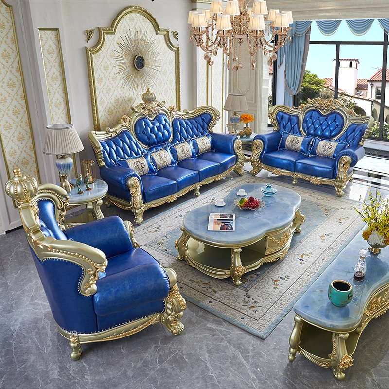 European leather sofa combination living room villa set luxury carved leather sofa on the first floor.