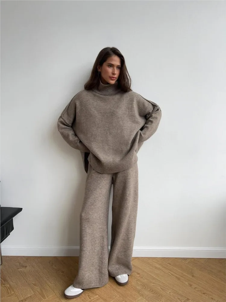 

High-neck Slit Top Wool Sweater Set Loose Casual Knitted Trousers Two-piece Set Trousers Fashion Trendy Solid Color Commuting
