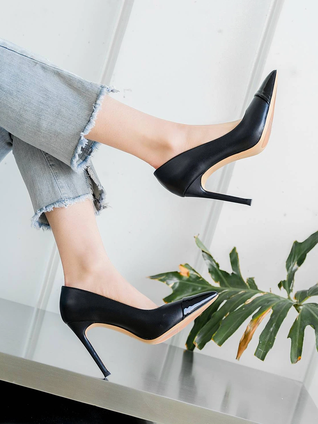 Naked high heels for women's new summer style slim heel color blocked light mouth versatile sexy pointed single shoes