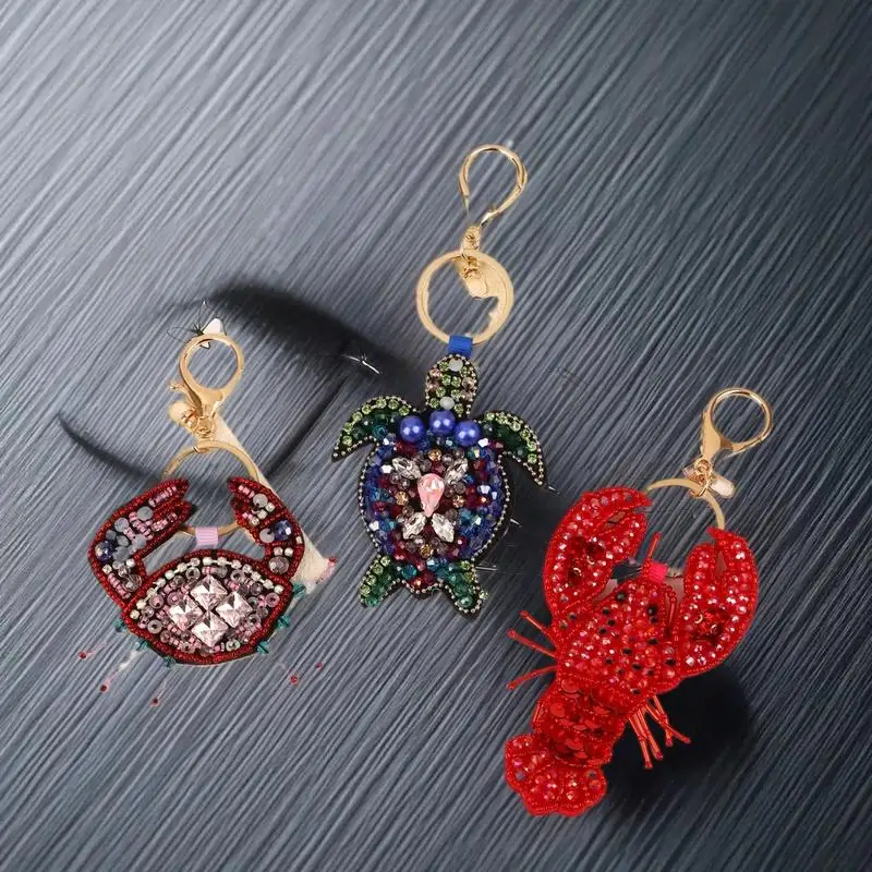 Gantungan Tas Berhias Batu Rhinestone Bentuk Lobster, Kerang Kepiting, dan Kura-kura, Jahitan Tangan Cantik, Aplikasi Tali Gantung untuk Tas