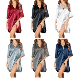 Women Ice Silk Pajamas Nightgowns Sleepwear Nightdress 3/4 Sleeve Shirt Black Smooth Temptation Bathrobe Shirts Lingerie Sexy