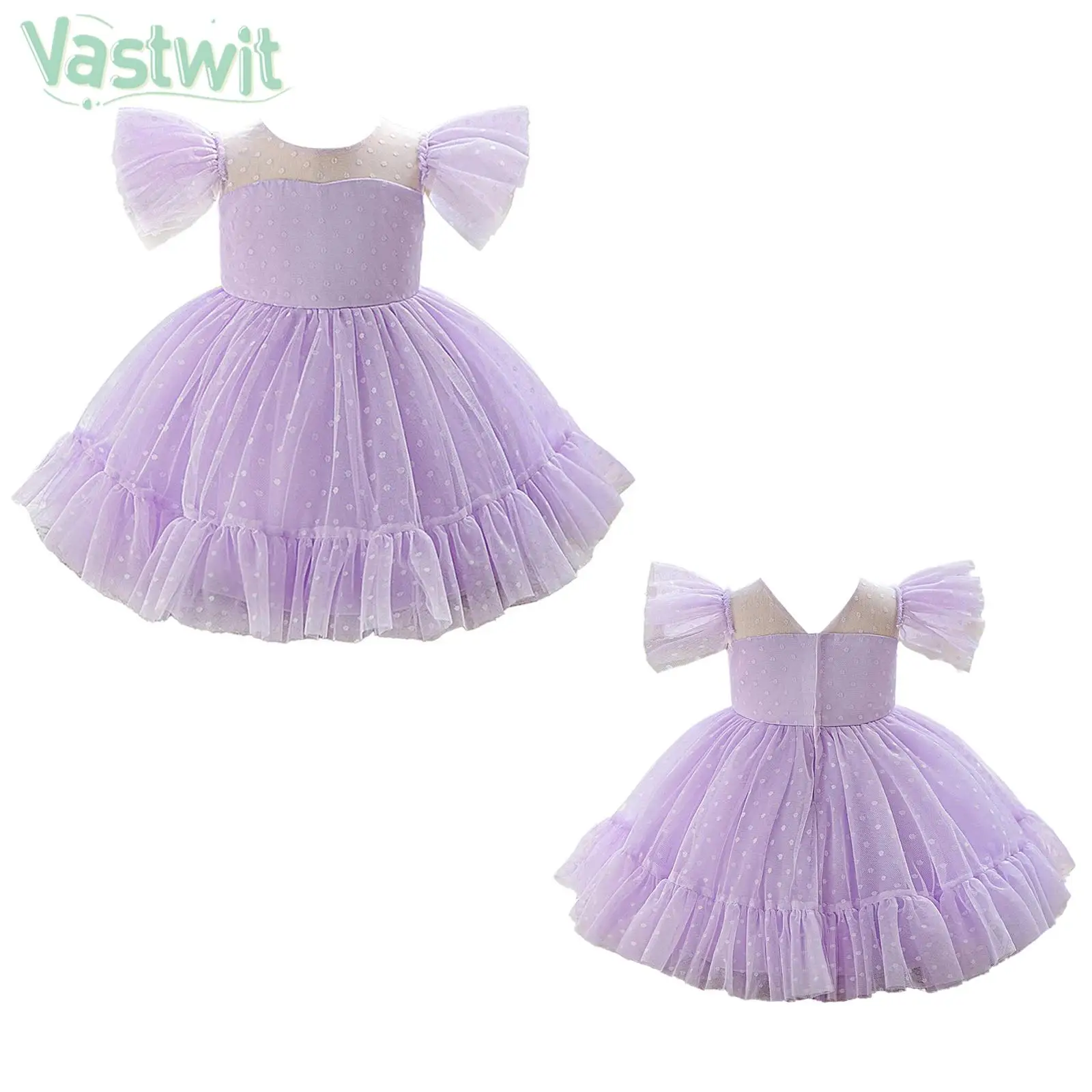 

Little Girls Birthday Wedding Banquet Party Dress Fly Sleeve Polka Dot Cute Mesh Tutu Princess Ball Gown Photography Clothes
