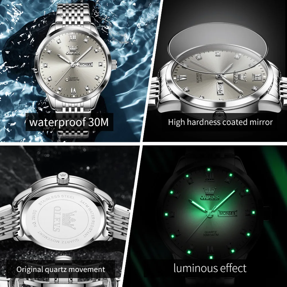 OLEVS 高級グレーダイヤルメンズ時計防水発光カレンダー週スポーツマン腕時計ステンレス鋼メンズクォーツ時計