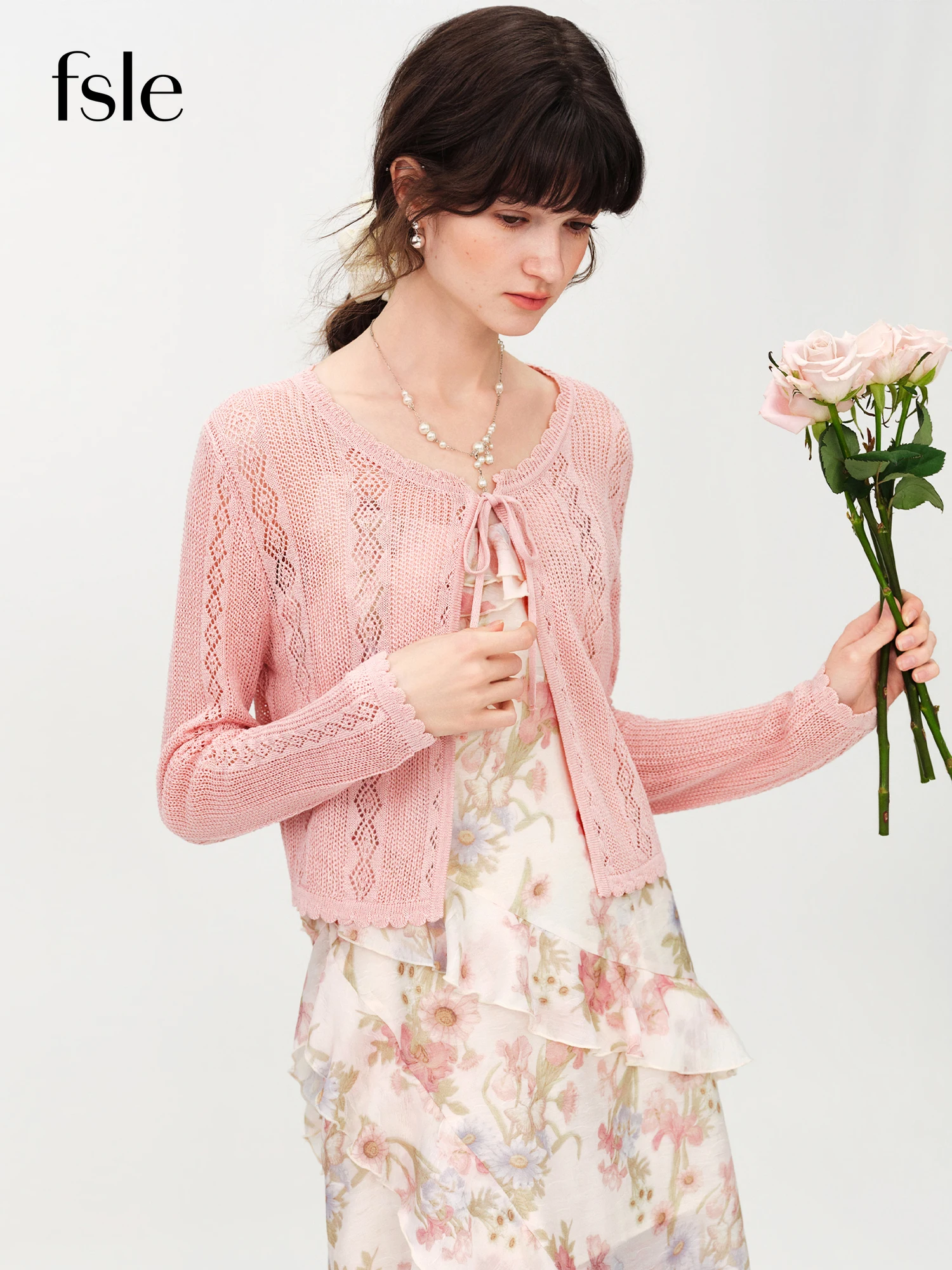 

FSLE French Linen Lace-Up Braided Knit Cardigan for Summer 2026 Summer New Arrival Ventilated Long Sleeve Blouse Top Short Coat