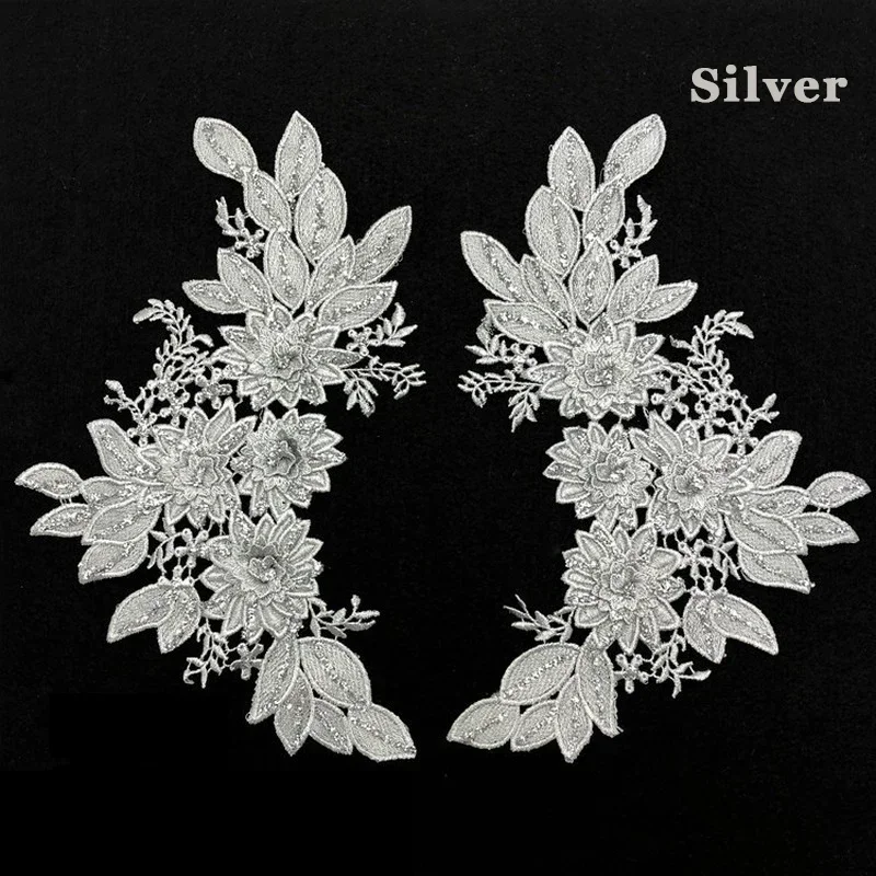 1Pairs Silver Champagne Gold Lace Applique Sewing on Patches on clothes 3D Flower Stickers Suit Embroidery Applique DIY Cloth