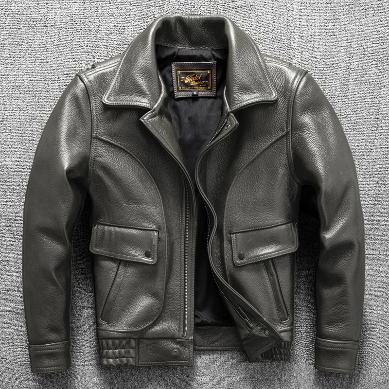 Dark Green Autumn Pilot Leather Jacket Men Military Style Plus Size 5XL Natural Cowhide Aviation Genuine Leather Coat