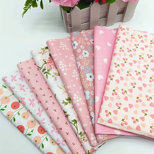 (25cm*20cm)8pcs Pink Floral Cotton Fabric Bundle; PreCut Fabric; Sewing Supplies For Patchwork Sewing And DIY Clothing Crafts