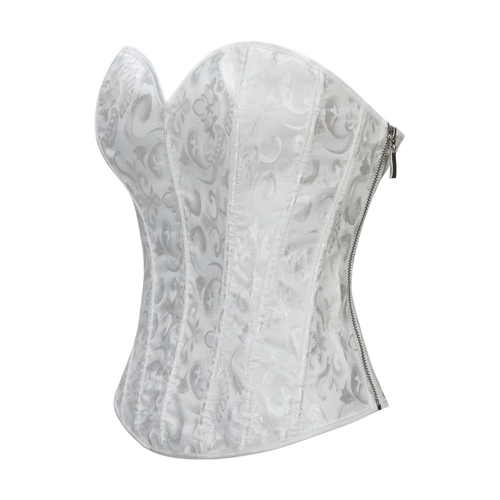 Women\'s WHITE Corset Top Gothic Vintage Flower Print Corselet Sexy Back Lace Up Side Zipper Waist Trainer Overbust Bustiers