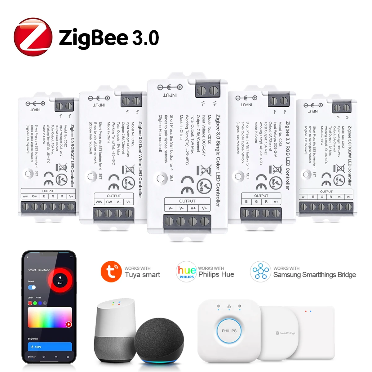 

Zigbee 3.0 LED Controller 2.4GHz DC5V-24V CCT RGB RGBW RGBCCT LED Strip Light Tuya Gateway Hue Bridge Smart Things Voice Control