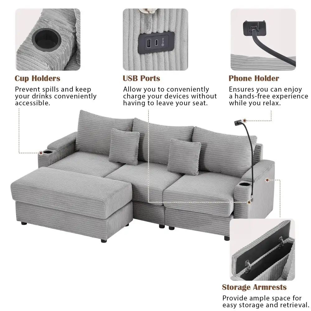 

Modern Style Single Sofa Sofa Couch with Storage Space, A Movable Ottoman, Two USB Ports, Two Cup Holders, A Phone Holder for Li
