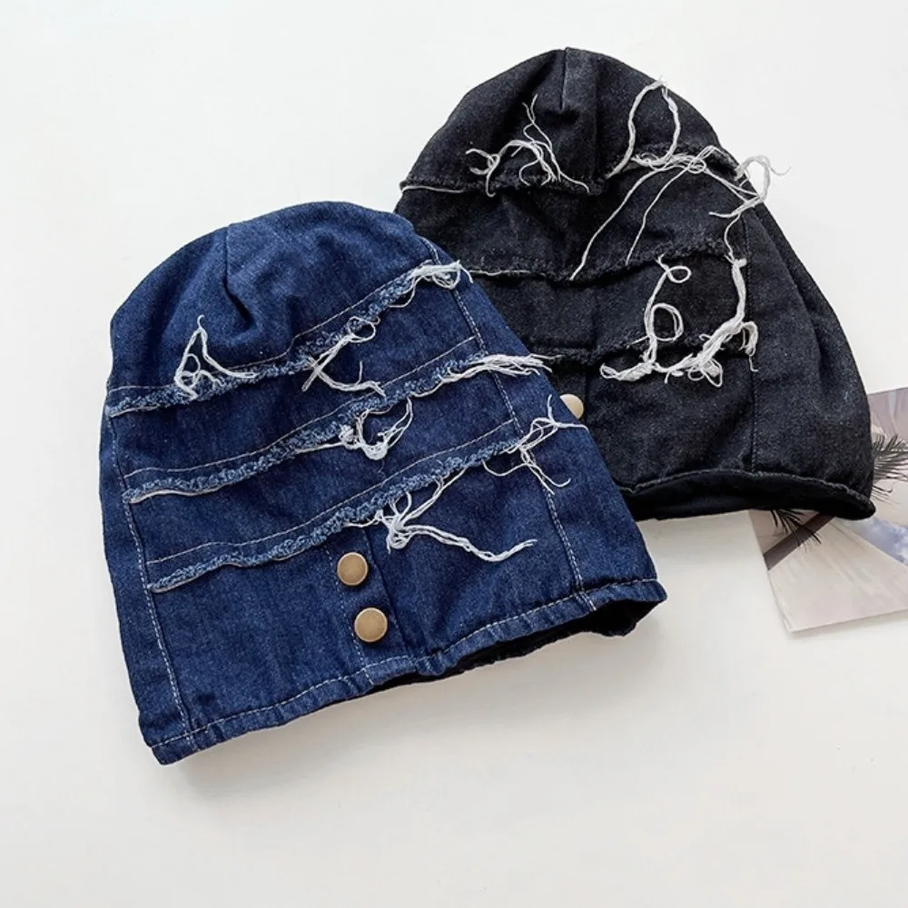 

Fashion Vintage Distress Denim Pullover Cap Korean Style Button Washed Denim Beanie Cool Hip Hop Loose Beret Streetwear
