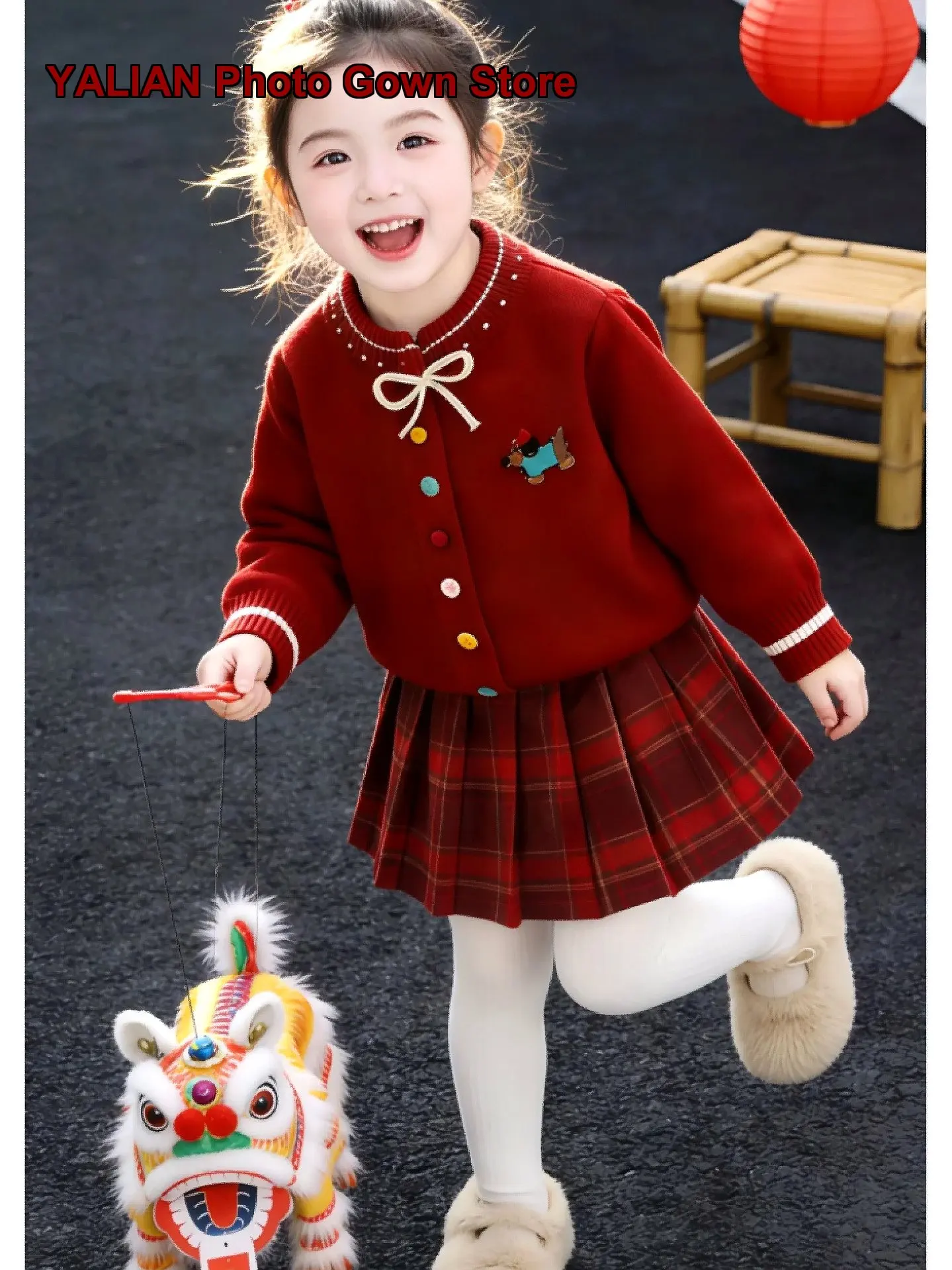 Girls Bow Single-Row Color Button Jacket Spring Autumn Winter Greeting Cardigan Knit Top