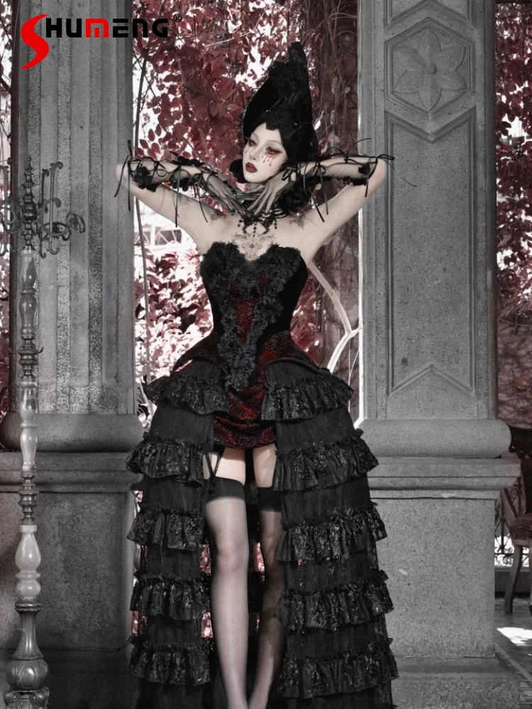 

Halloween Christmas Gothic Dark Cos Festival Outfit 2025 New Women's Vintage Elegant Long Skirt Slim-fit Velvet Top 2-Piece Set