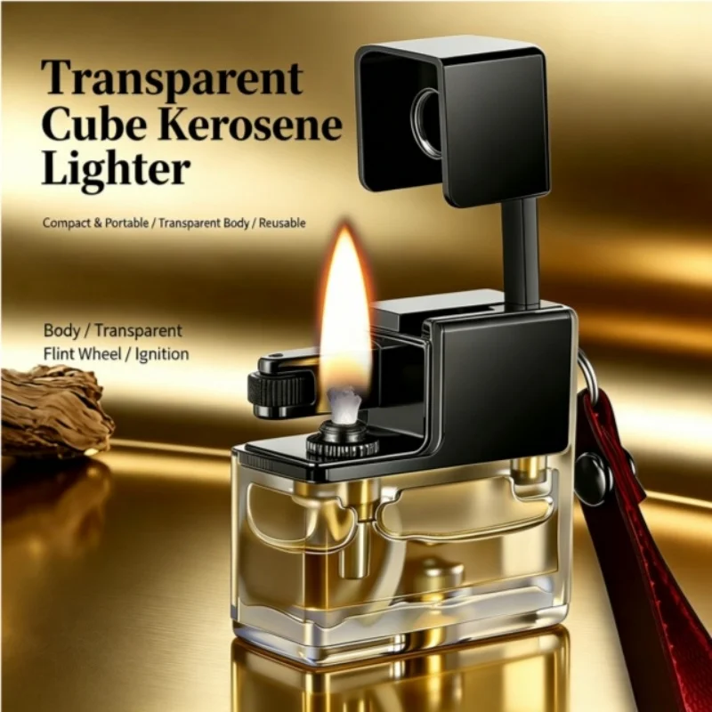 New Cool Viral Style Unique oil lighter Portable Mini Open Flame Grinding Wheel Lighter Visible Fuel Tank Tools Festival Gifts