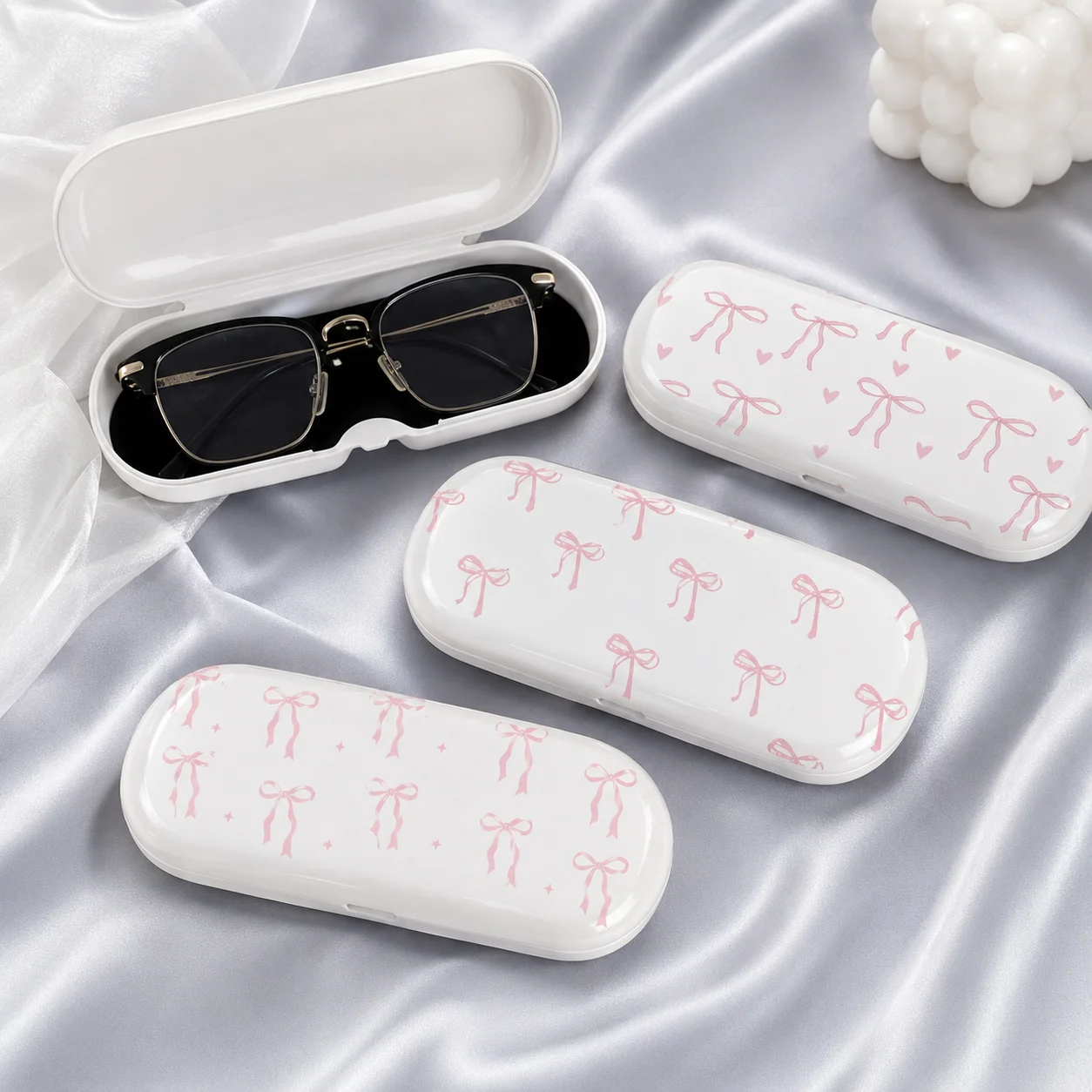 Cute Pink Bow Hard Eyeglasses Case, Portable Protective Glasses Storage Box for Women Girls, Travel Handbag Daily Use
