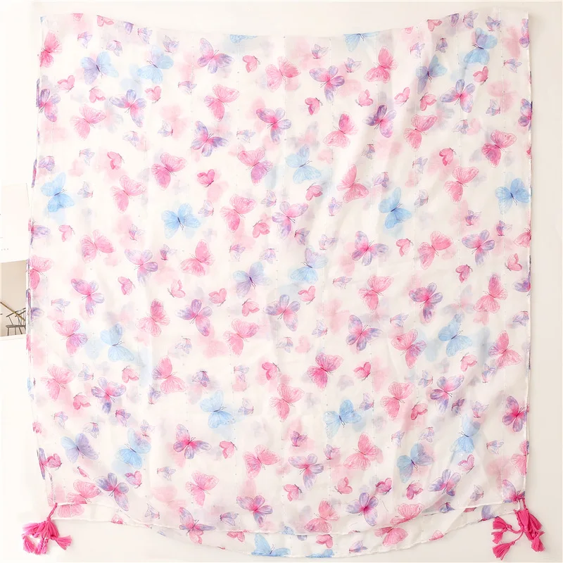 Lovely Animal Pink Flying Butterfly Pattern Tassel Viscose Shawl Scarf Lady Headband Pashmina Stole Muslim Hijab Sjaal 180*90Cm