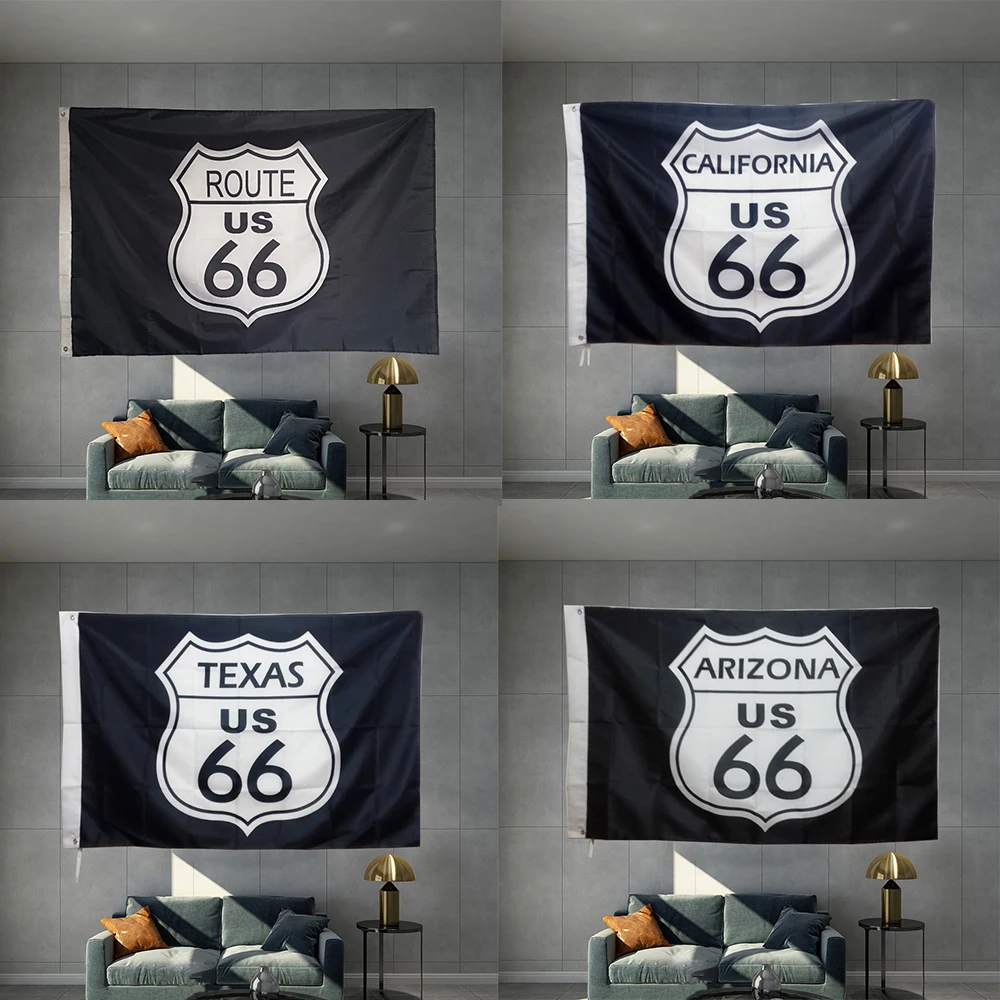 US Route 66 Flag Mother Road Banner American Highway Black and White Classic Style  California TEXAS  ARIZONA States Flag Decor