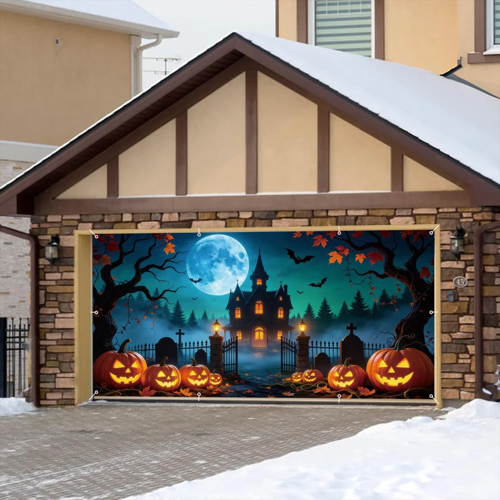 Halloween Decoration Garage Door Backdrop Witch Castle Pumpkin Moon Bats Outdoor Banner  Large Halloween Party Decoration Custom