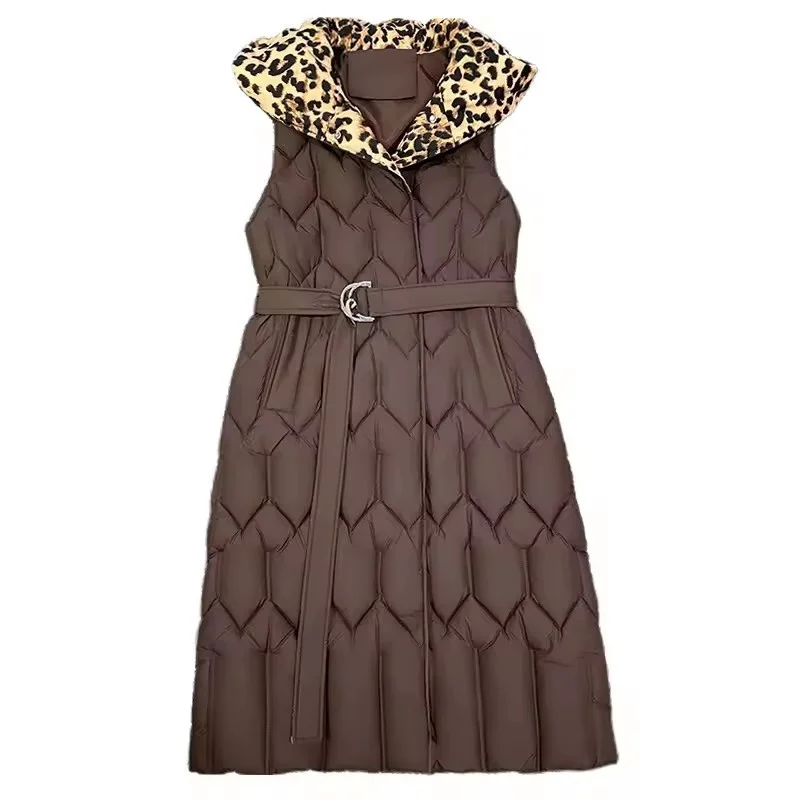 جديد الخريف الشتاء طويل أسفل القطن سترة المرأة ملابس خارجية الكورية فضفاض ليوبارد طباعة سترة دون أكمام سترة معطف صدرية الإناث #6