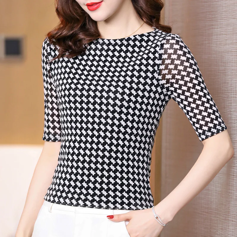 New Arrival Female Slash Collar Slim Plaid Mesh T Shirts Women Half Sleeve Tee T-shirt 40-70KG