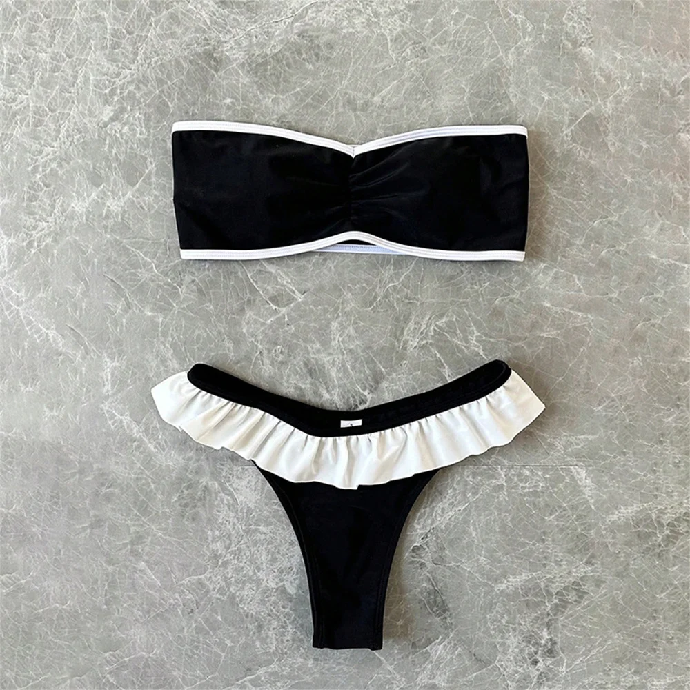 Black Bandeau Swimsuit Bikinis Sets White Ruffled Border Bikini Swimwear Thong Women Beach Bathing Swiming Suit Biquini Feminino