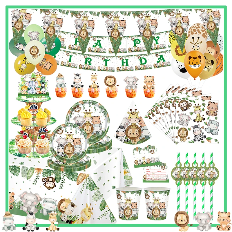 Animali della giungla decorazioni per feste di compleanno Wild One Woodland Safari piatti di carta tazze Napinks palloncini Baby Shower forniture