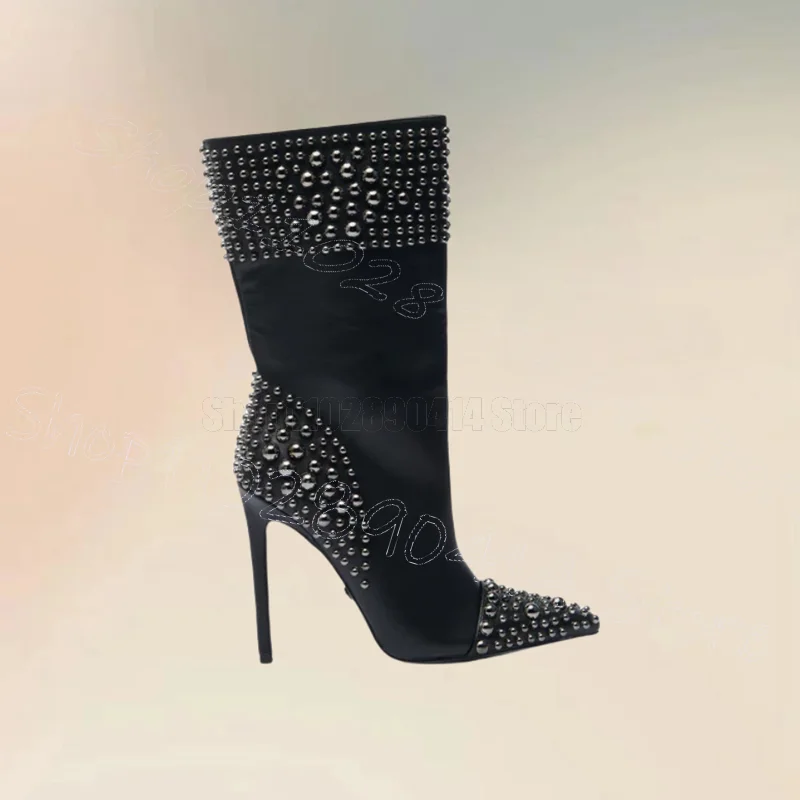 

Silver Round Rivets Black Pointed Toe Boots Side Zipper Women Shoes Thin High Heels Party Dating Feast 2025 Zapatos Para Mujere