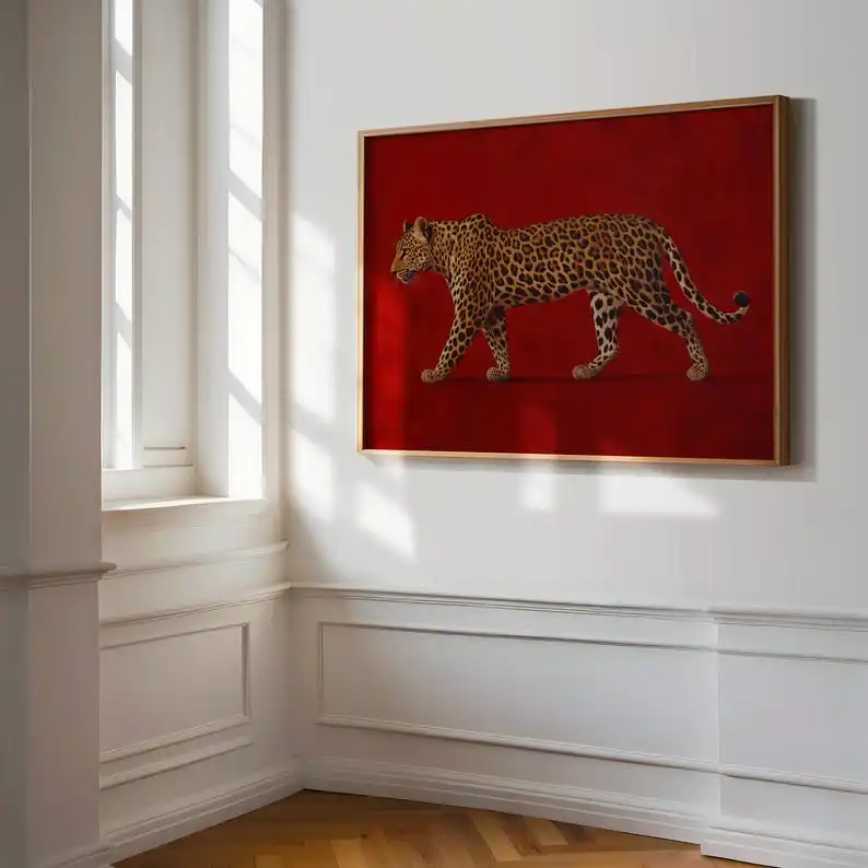 Vintage Rotes Leoparden-Leinwandbild Rahmenloses Maximalistisches Old-Money-Kunstwerk für Luxuriöse Maskuline Schlafzimmerdekoration Geschenk – Detail 4