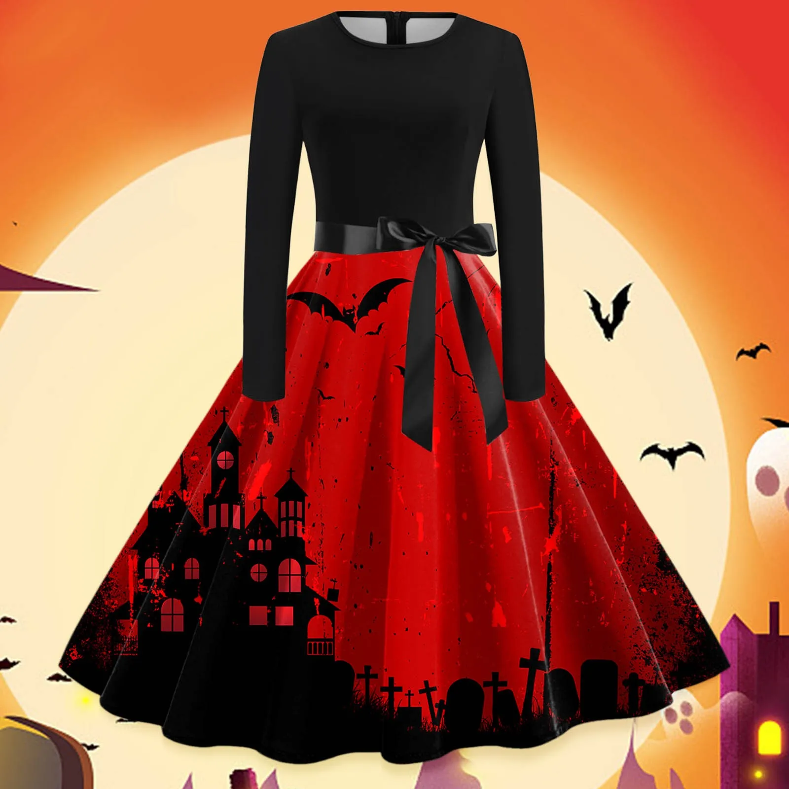 

Women'S Halloween Dresses Mystery Horror Print Vintage Dress Crew Neck Long Sleeve Waist Full Skirt Fashion Casual Long Dresses