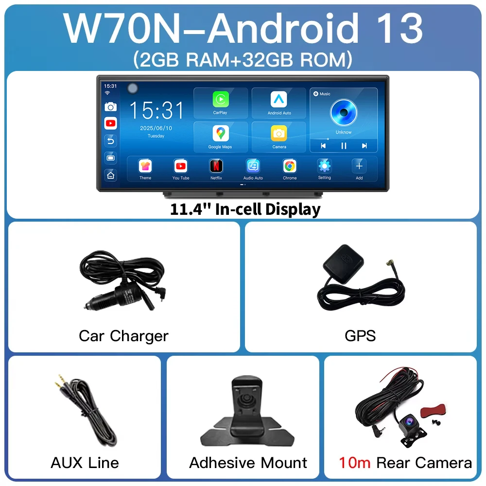 Imagebon W70 11.4" 8-core Android 14 6+128GB CarPlay & Android Auto Dashcam GPS WiFi Google Play YouTube Netflix OTA Upgrade DVR