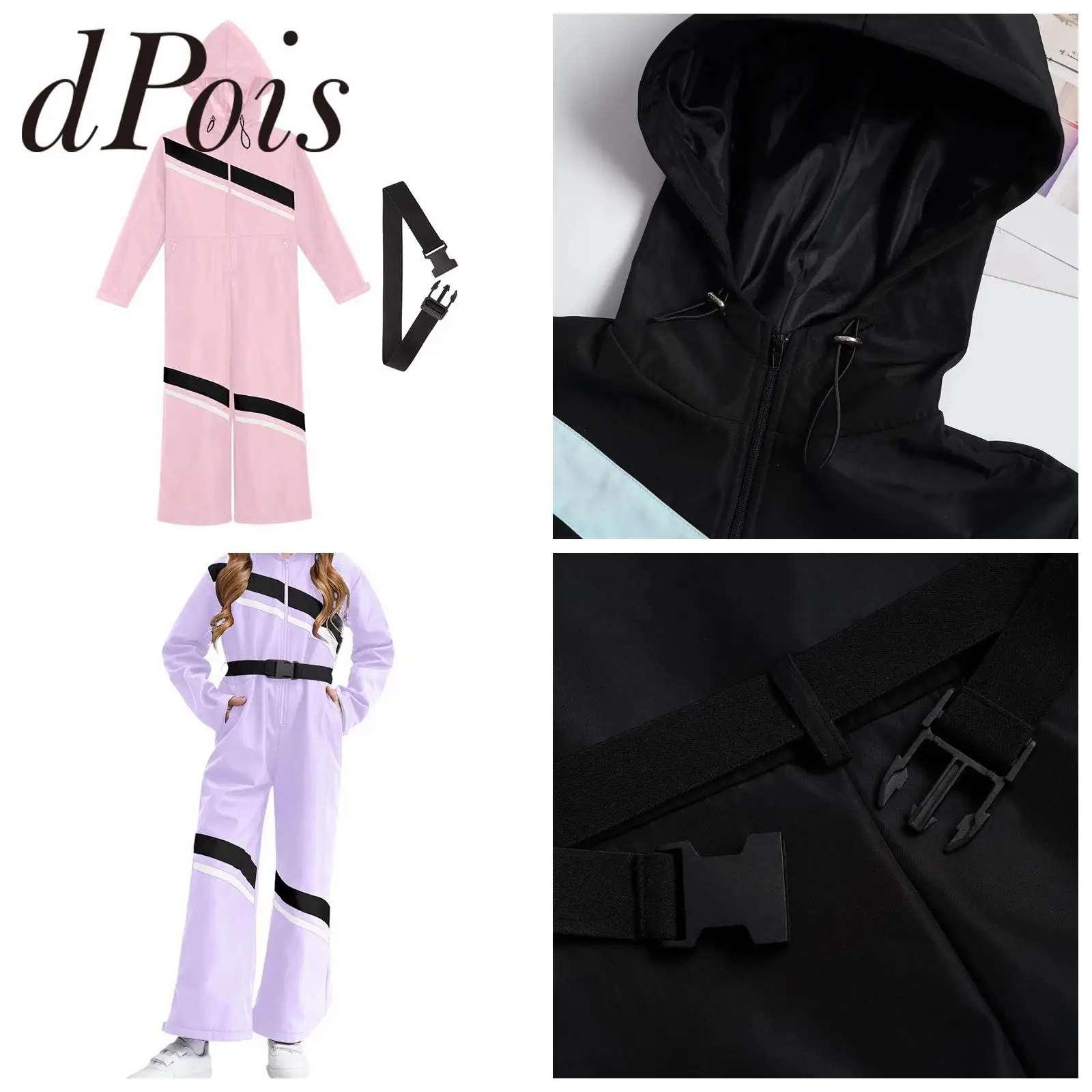 

Kids Girls Ski Jumpsuit Pants Long Sleeve Zipper Hooded Skiing Bodysuit with Belt for Snowboarding Mountaineering Hiking Pants