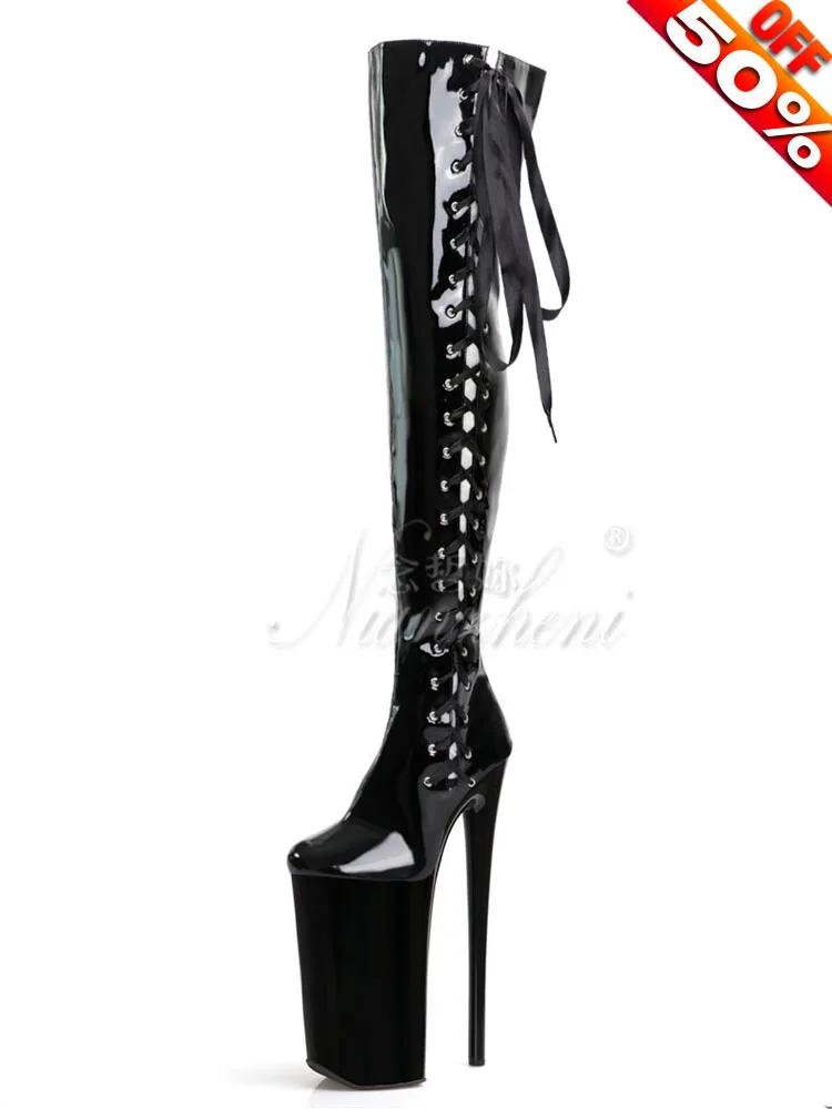 Over The Knee Boots 10Inch Sexy Fetish Lace Up Exotic High Heels Gladiator Women Gothic Shoes Red Strip Pole Dance 26cm Cross