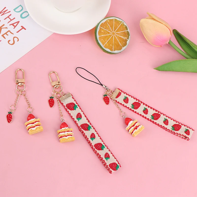 Strap Lanyards For Phone Keys Mobile Phone Strap Hang Rope Phone Charm Popular Cute Strawberry Cake Decor Anti Lost Rope Cord