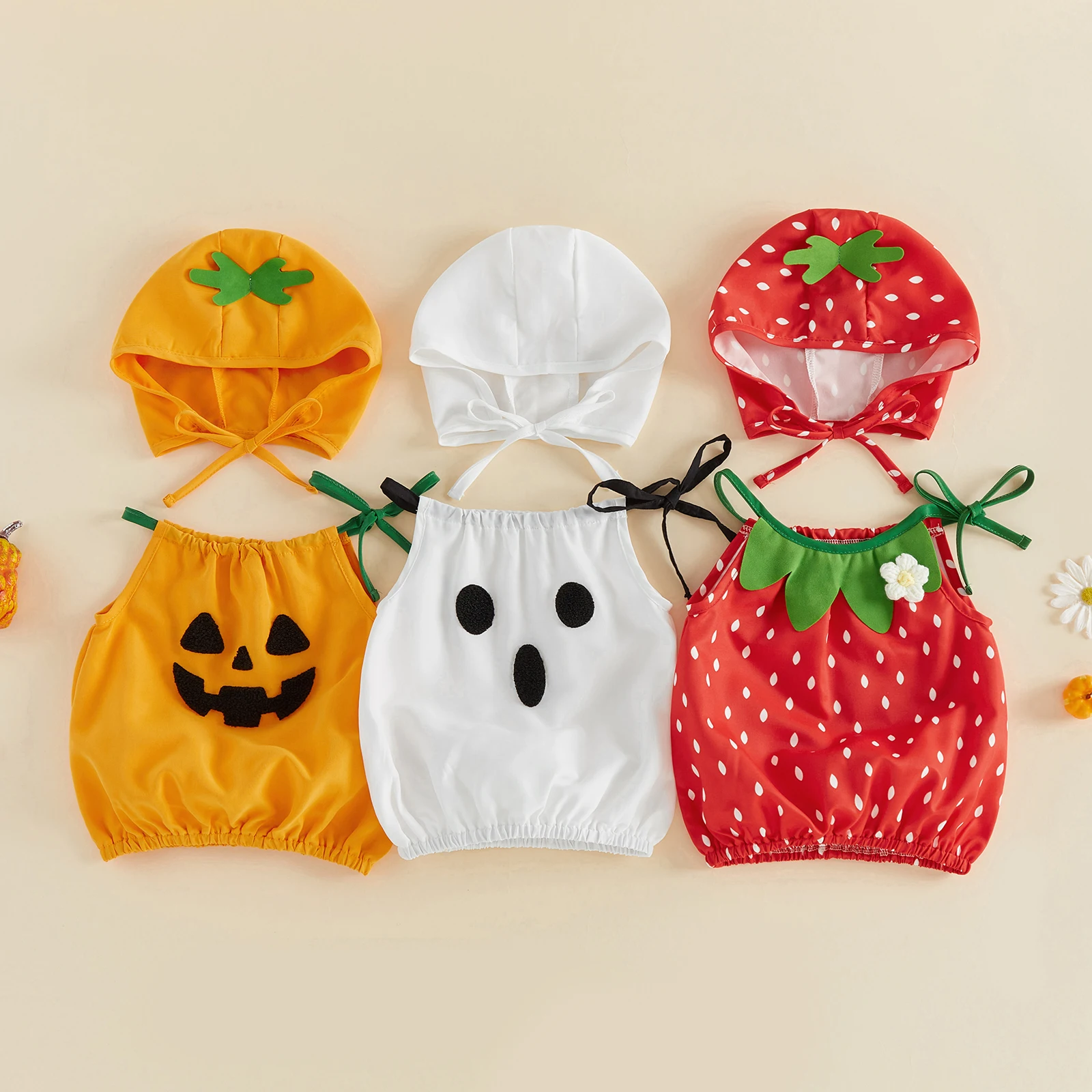 2027 Early Autumn Toddler Baby Halloween Strawberry/Pumpkin/Ghost Costume Halter Neck Romper with Hat