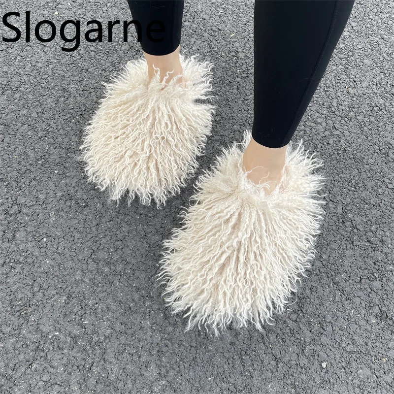 Women Autumn Winter Furry Fur Slippers Fluffy Faux Mongolian Fur Slides Warm Plush Slippers Fuzzy Flip Flops Luxury Woman Shoes