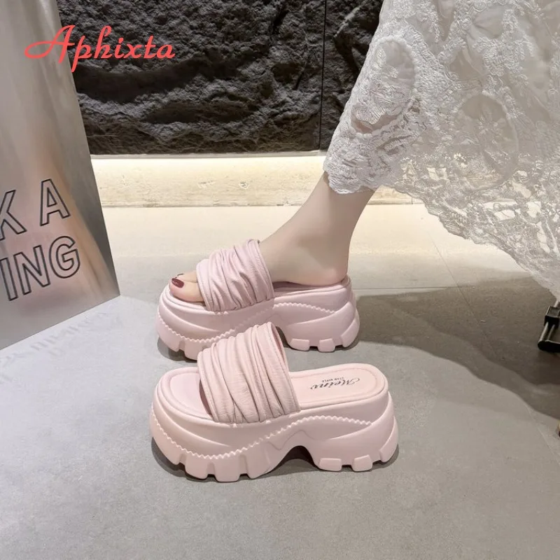 Women Ruched One Strap Platform Slide Sandals High Thick PU Sole Slippers Ladies Elevator Casual Beach Slides Zapatos Mujer