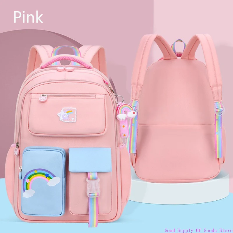 Ransel Anak-anak untuk Tas Buku Sekolah Anak Perempuan Warna Macaron untuk Ransel Remaja Tas Sekolah Banyak Kantong Lucu dan Liontin Pelangi