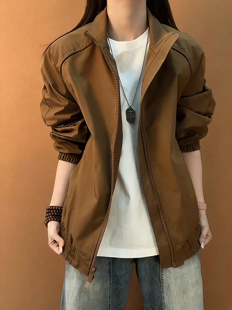 

Browan American Sle Stand Collar Flight Jaet Women's ort Coat oulder Length Baseball orm Loose Fit Long Sve Zi...