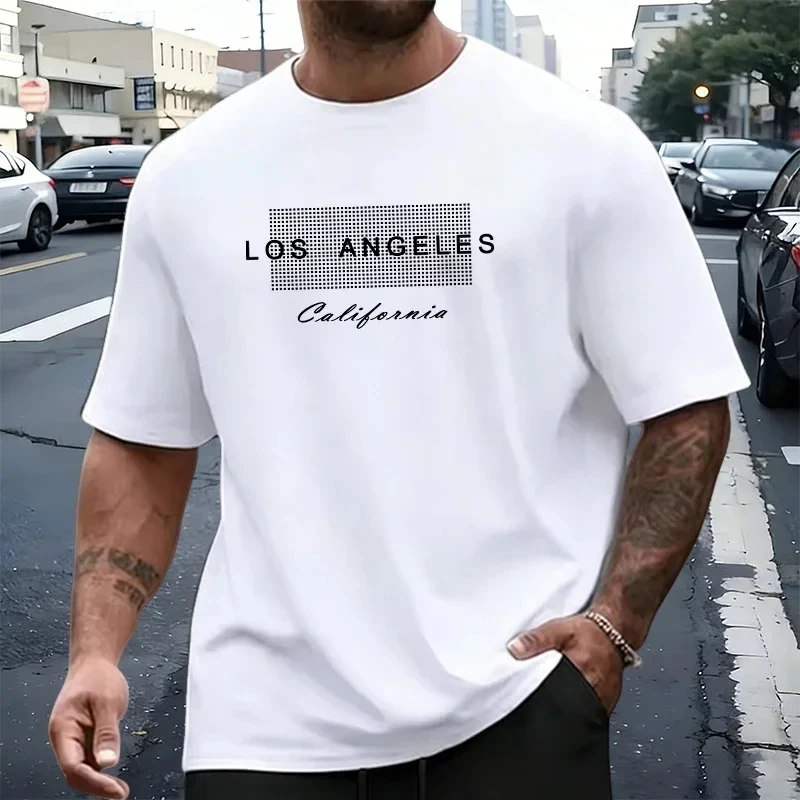 Men's Summer Loose-Fit Short-Sleeve T-Shirt with Los Angeles Print Slim-Fit Casual Athletic Round-Neck Short-Sleeve T-Shirt