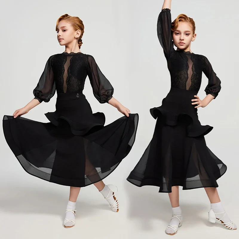 

2026 Kids Latin Dance Costume Girls Ballroom Dance Performance Clothes Black Tops Tops Fishbone Skirt Competition Dress DNV23481