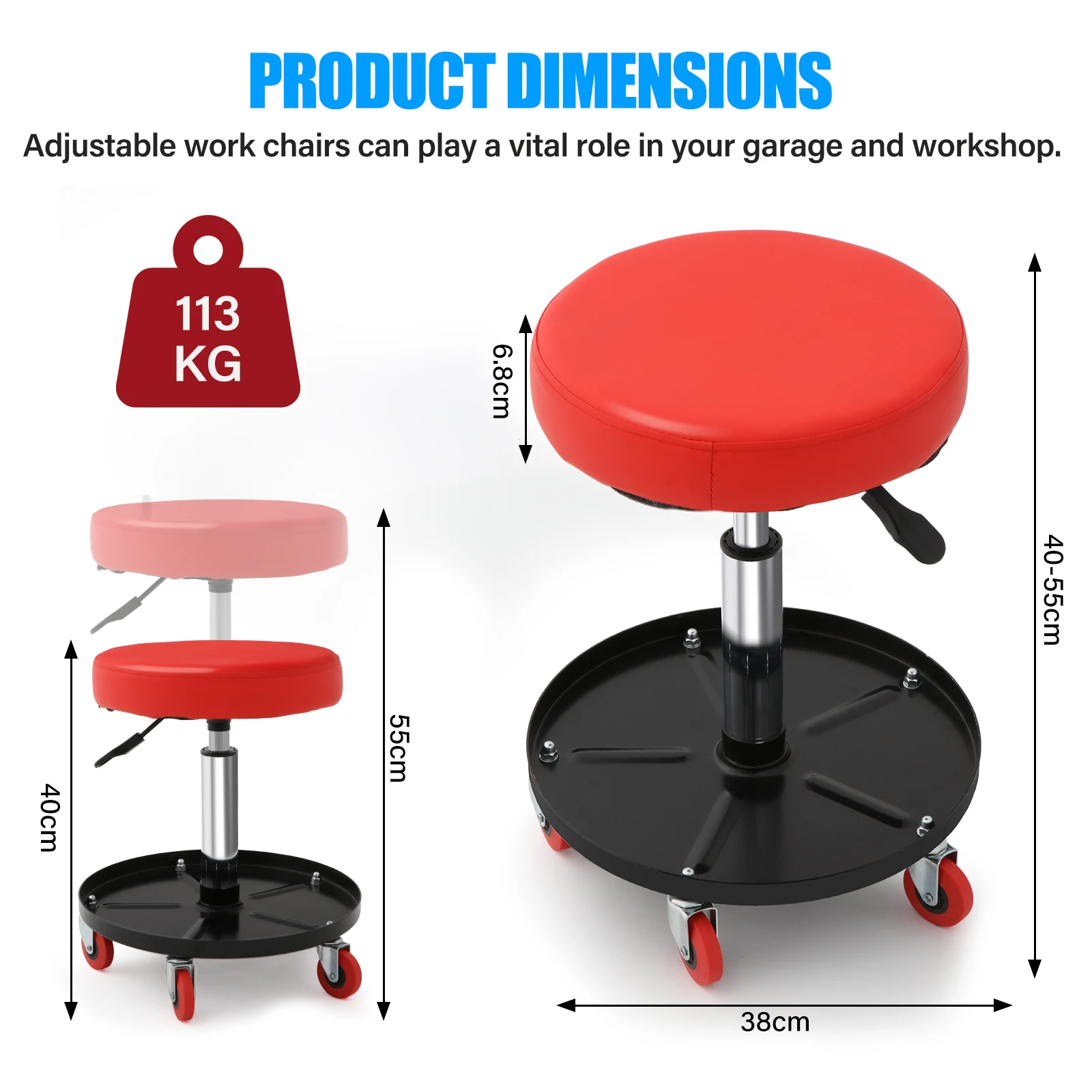 Taburete taller mecánico regulable 40-55cm, giratorio 360°, bandeja portaherramientas, ruedas móviles, asiento piel sintética impermeable, carga 113kg taller automoción