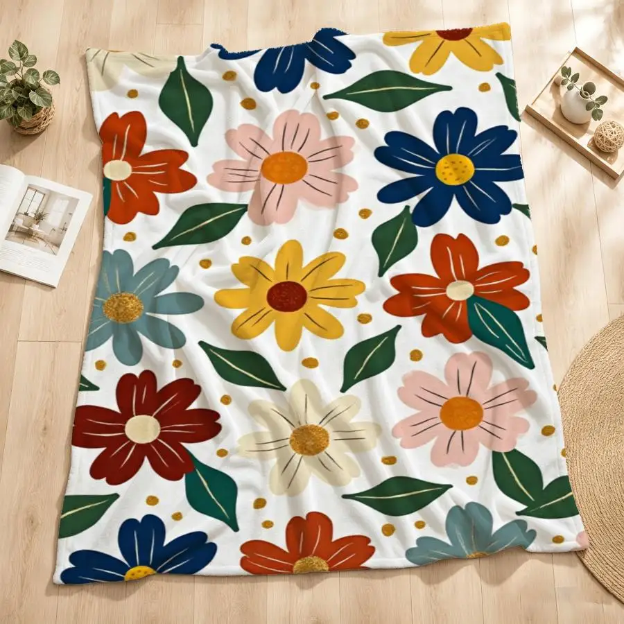 Cozy Hand-Drawn Floral Flannel Throw Blanket - Vibrant Vintage Style with Blue, Yellow & Orange Flowers on White Soft Warm Decor for Couch, Bed & Office Perfect Gift for Family & Friends Weighted Blanket 280GS