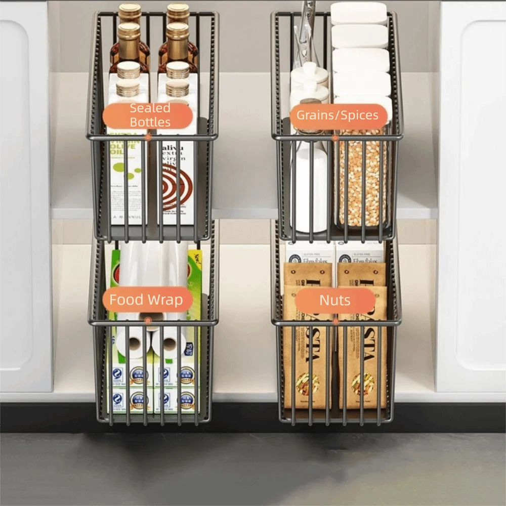 

Carbon Steel Sliding Drawer Rack Pull Out Adjustable Spice Box Storage Rack with Tracks Rust-Resistant Cabinets Organizer Pantry