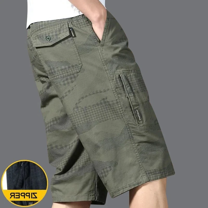 

Men's Knee Length Cotton Cargo Shorts Summer Zipper Pocket Fashion Loose Straight Cotton Comfortable Beach Running Short Pants
