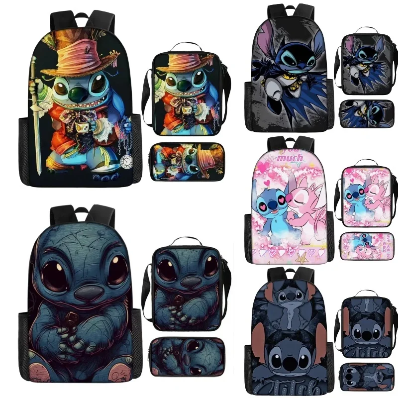 MINISO Stitch-Conjunto de tres piezas para niños, mochila para estudiantes, bolsa de viaje, bolso de hombro, estuche para lápices